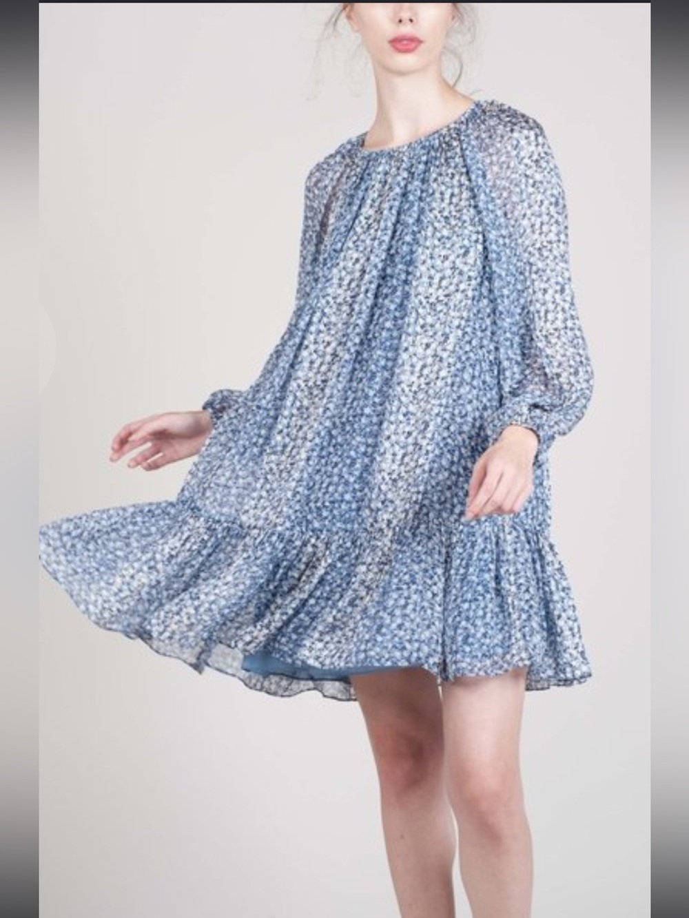 Ulla Johnson Adena Silk Babydoll Dress Size 4 blue floral with metallic threads